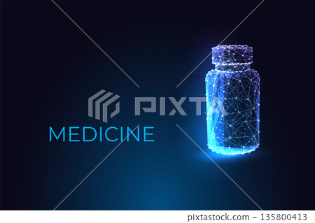 Futuristic glowing medicine bottle on dark background, digital pharmaceutical and health tech vector Futuristic glowing medicine bottle on dark background, digital pharmaceutical and health tech vector 135800413