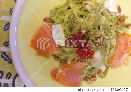 A luxurious pasta dish with salmon, Camembert cheese and salmon roe in a pesto sauce A luxurious pasta dish with salmon, Camembert cheese and salmon roe in a pesto sauce 135800457