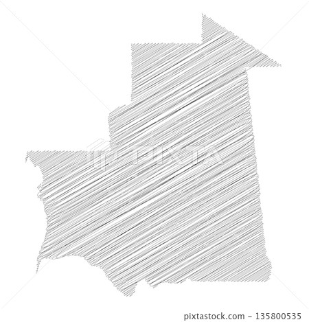 Mauritania - pencil scribble sketch silhouette map of country area with dropped shadow. Simple flat vector illustration. 135800535