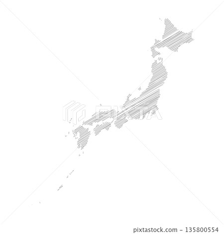 Japan - pencil scribble sketch silhouette map of country area with dropped shadow. Simple flat vector illustration. 135800554