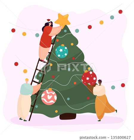 Friends decorate Christmas tree for Christmas Friends decorate Christmas tree for Christmas 135800627