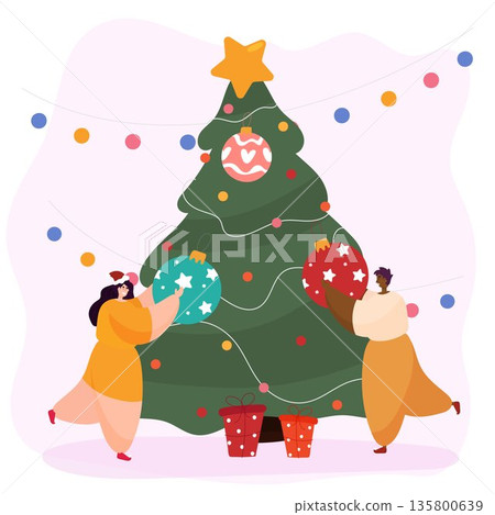 Friends decorate Christmas tree for Christmas 135800639