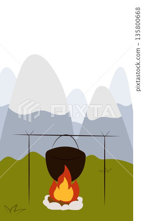 Flat vector illustration of camping outdoors. Mountains, campfire, tent, nature, camper, trees, coffee, backpack, guitar, kettle, boiler, tea, silence, calm, peace, marshmallows on fire 135800668