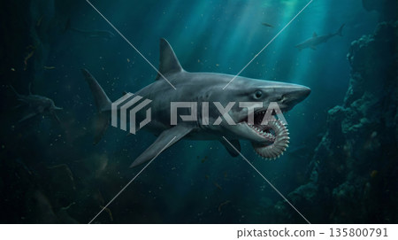 3DCG繪製的旋齒鯊插圖，這是一種長著螺旋狀獠牙的奇特鯊魚，屬於古生代海洋怪物，恐龍，風格寫實。 135800791