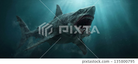 3DCG繪製的旋齒鯊插圖，這是一種長著螺旋狀獠牙的奇特鯊魚，屬於古生代海洋怪物，恐龍，風格寫實。 135800795