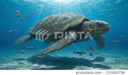 這是一幅3DCG繪製的始祖海龜插圖，它是歷史上體型最大的巨型海龜，一種白堊紀海洋巨獸，來自恐龍時代的史前生物。 135800796