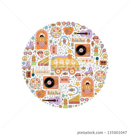 Groovy y2k music festival in colorful circle style. Funky party mood with record, cassette, boombox and guitar. Vintage retro concept background for stylish and trendy event or pop culture Groovy y2k music festival in colorful circle style. Funky party mood with record, cassette, boombox and guitar. Vintage retro concept background for stylish and trendy event or pop culture 135801047