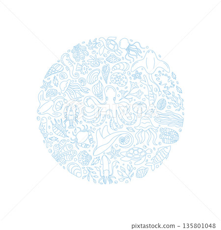 Underwater circle featuring marine life in outline style. Ocean concept with fish, reef, jellyfish, seaweed, and octopus in a round swirl. Seamless aquatic artwork, combining life and reef elements, 135801048