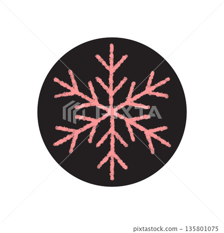 Chalk snowflake sticker stands as a crisp symbol on a round black label. Red ornament and frosty icon add cold and frozen winter mood for package, christmas, or seasonal product. Chalk snowflake sticker stands as a crisp symbol on a round black label. Red ornament and frosty icon add cold and frozen winter mood for package, christmas, or seasonal product. 135801075