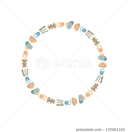 Circle frame of colorful fitness equipment. Round workout items arranged in a minimal style. Sport and training accessories for a healthy lifestyle and exercise themes. 135801103