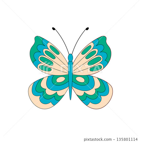 Groovy retro butterfly sticker in flat style with colorful and psychedelic elements. Cute nature symbol and funky y2k groovy element for vintage, trendy creative art purpose. 135801114