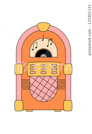 Groovy retro music vinyl box sticker with cartoon graphic style in orange and pink. Vintage audio player and record add y2k fun for a playful, funky, trendy element in music or party themes. 135801141