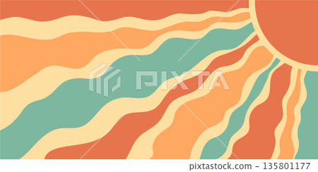 Groovy retro sun burst with orange and yellow wavy rays as sunshine spreads across the horizontal background. sun and wave burst blend with y2k style, perfect for summer, pop art modern decor. Groovy retro sun burst with orange and yellow wavy rays as sunshine spreads across the horizontal background. sun and wave burst blend with y2k style, perfect for summer, pop art modern decor. 135801177