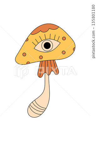 Groovy mushroom cartoon sticker in retro psychedelic style with magic eye and trippy shroom shape. Groovy element brings y2k, magic and fun, perfect for sticker, cartoon or groovy themed design. 135801180