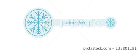 Blue snow flake sticker label with winter line style. Cool seal element for box lid and christmas decoration. Blue illustration adds seasonal touch, ideal as label for festive packaging or product 135801181