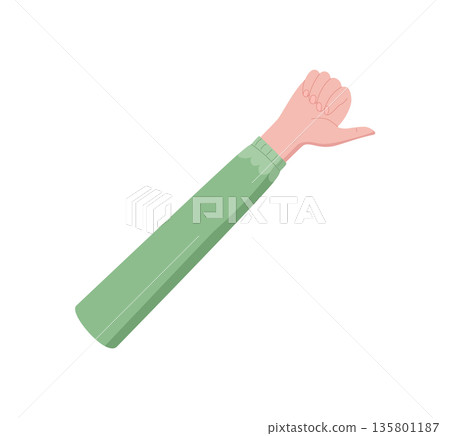 Flat cartoon hand gesture with raised finger expressing number one. Arm with green sleeve and upward pose. Hand signal for counting or indicating numbers, isolated style, suitable for educational, 135801187
