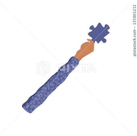 Colorful human hand holding a puzzle piece. Vibrant arm in a symbolic gesture with abstract shape. Flat style, perfect metaphor for teamwork, unity, ideas, and strategy concepts. 135801212