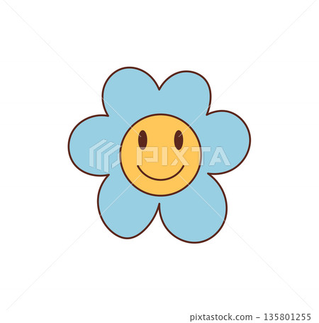 Groovy retro flower cartoon sticker with happy smiley and cute blue yellow color. This playful groovy element and y2k sticker adds fun to any cheerful pop design. Bright cartoon graphic style, 135801255