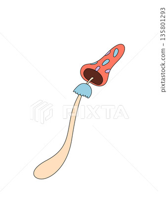 Groovy psychedelic mushroom in retro cartoon graphic style with colorful trippy magic shape sticker. Groovy element and shroom sticker graphic, y2k vibe for playful, cool, vintage or modern art Groovy psychedelic mushroom in retro cartoon graphic style with colorful trippy magic shape sticker. Groovy element and shroom sticker graphic, y2k vibe for playful, cool, vintage or modern art 135801293