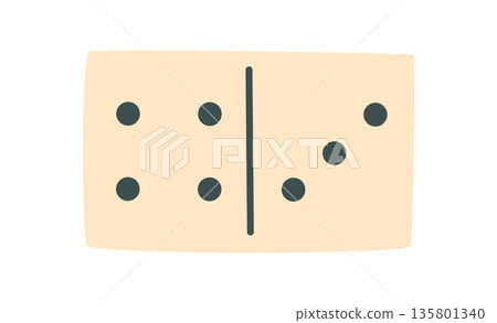 Black and white domino piece with flat design. Classic boardgame tile with clean graphic style for strategy and fun. Game element for table toy themes, recreation visuals, childhood entertainment 135801340