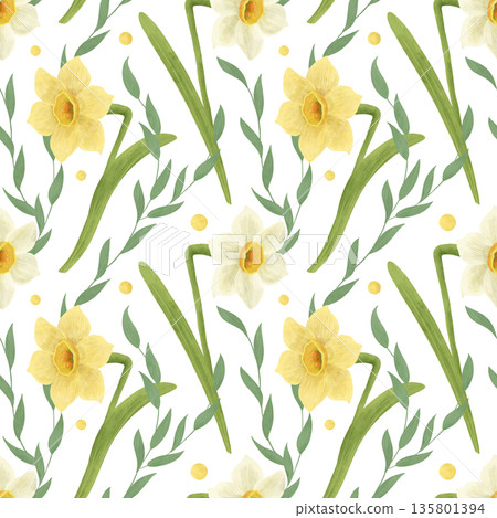 Seamless pattern: yellow, white narcissus, green leaves, twigs, grass, handdrawn watercolor illustration in a flat naive style on a white background. Element for packaging design, textiles, wallpapers 135801394