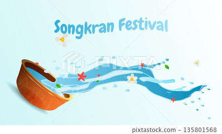 Songkran Thai New Year Water Festival Splash Vibrant flowers and joyful. For ads, web design, marketing. Vector illustration. 135801568