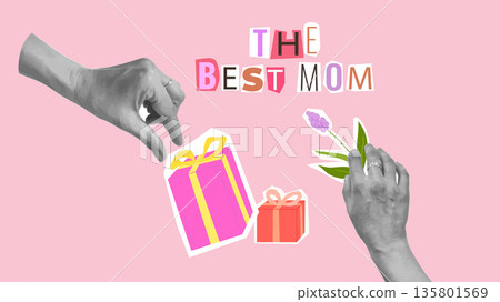 Mothers Day Collage Flowers Hearts Love Mom. For card poster social media graphic or web design in marketing campaigns. Vector illustration. 135801569