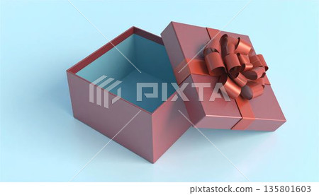3D mockup of a red gift box with an open lid. Empty box template for presents, gifts, and e-commerce product display. 135801603