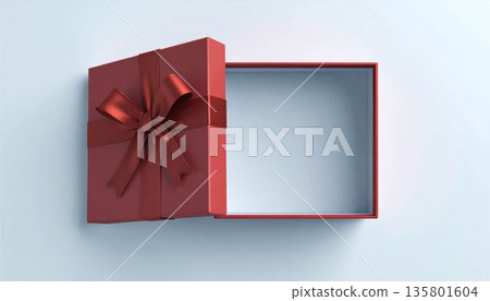 紅色禮盒的3D模型，盒蓋打開。空盒子模板，適用於禮品、禮物和電商產品展示。 135801604
