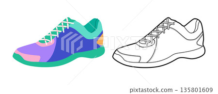 Woman running sneaker shoe flat plus line set. Eye catching sport footwear for fashion editorial, social media, app. Woman running sneaker shoe flat plus line set. Eye catching sport footwear for fashion editorial, social media, app. 135801609