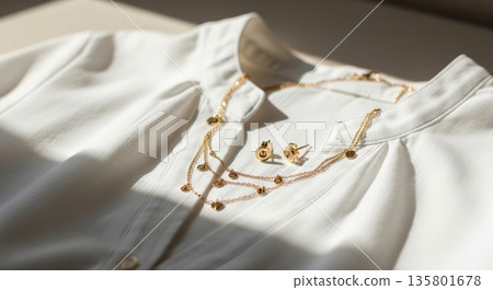 簡約優雅的時尚廣告圖片,以金色項鍊為特色 簡約優雅的時尚廣告圖片,以金色項鍊為特色 135801678