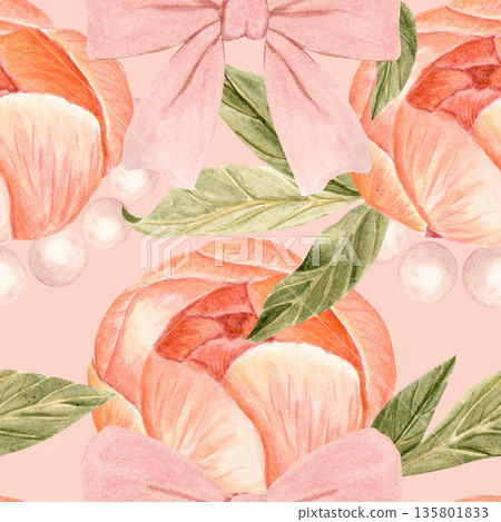 Peach peony flowers, leaves surrounded by soft pearl bracelets, ribbon watercolor seamstress pattern on pastel background. Perfect for fabric prints, wedding decor, feminine perfume branding Peach peony flowers, leaves surrounded by soft pearl bracelets, ribbon watercolor seamstress pattern on pastel background. Perfect for fabric prints, wedding decor, feminine perfume branding 135801833