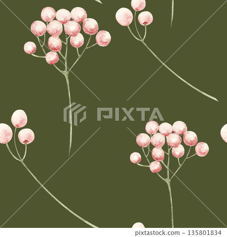 Pink berries on green stems seamless watercolor pattern on green background. Hand-painted for use in textile prints, gift wrap, packaging design, branding, stationery, and seasonal decor. Minimalistic Pink berries on green stems seamless watercolor pattern on green background. Hand-painted for use in textile prints, gift wrap, packaging design, branding, stationery, and seasonal decor. Minimalistic 135801834