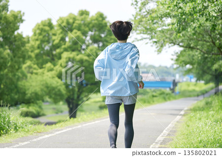 A woman in her 40s running outdoors, back view 135802021