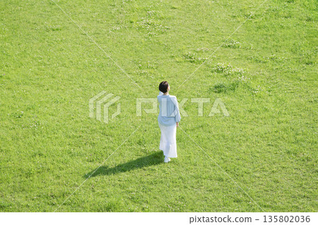 Woman walking in the field, rear view, overhead shot 135802036