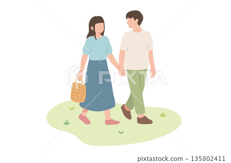 A simple flat illustration of two men and women walking hand in hand A simple flat illustration of two men and women walking hand in hand 135802411