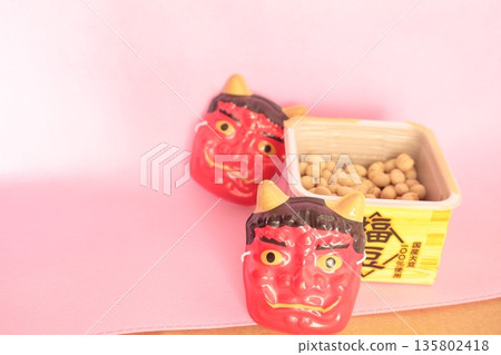 Setsubun demon and good fortune, lucky charm, numbers, white background, copy space, pink background Setsubun demon and good fortune, lucky charm, numbers, white background, copy space, pink background 135802418