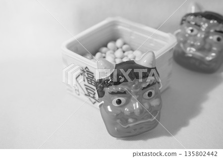 Setsubun demon and beans in a wooden box 135802442