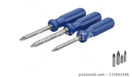 Set of blue handled screwdrivers with metal tips and bits Set of blue handled screwdrivers with metal tips and bits 135802486