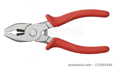 Red handled pliers for gripping and bending metal objects Red handled pliers for gripping and bending metal objects 135802488