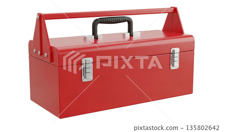 Red metal toolbox with handle and silver latches Red metal toolbox with handle and silver latches 135802642
