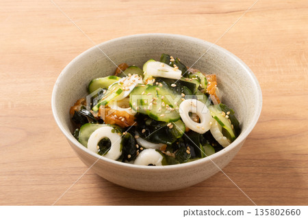 Chikuwa, wakame seaweed, cucumber, vinegared dish 135802660