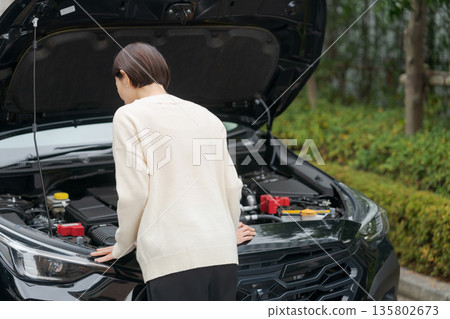 汽車拋錨後，一名女子打開了引擎蓋。 135802673