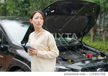一位汽車拋錨的女士透過電話聯繫了某人。 一位汽車拋錨的女士透過電話聯繫了某人。 135802768