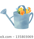Watercolor illustration of pansies and forget-me-nots in a blue watering can 135803069
