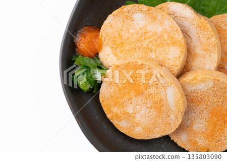 Close-up of monkfish liver served on a plate 135803090