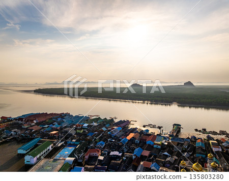 Aerial view of Panyee island in Phang Nga Thailand,Wide angle landscape Floating village, Koh Panyee fishing village island in Phang Nga, Thailand 135803280