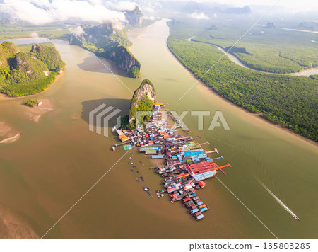 Aerial view of Panyee island in Phang Nga Thailand,Wide angle landscape Floating village, Koh Panyee fishing village island in Phang Nga, Thailand Aerial view of Panyee island in Phang Nga Thailand,Wide angle landscape Floating village, Koh Panyee fishing village island in Phang Nga, Thailand 135803285