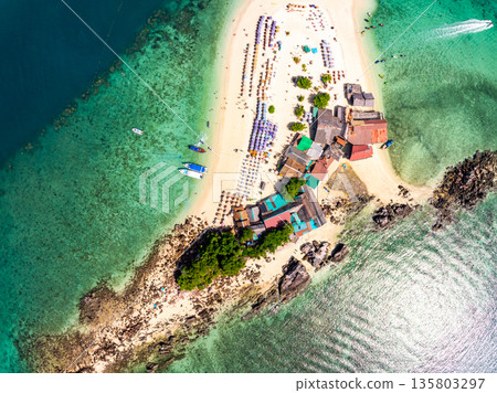 Aerial view drone shot of Amazing small island beautiful tropical sandy beach landscape view at koh Khai maew Island in Phang Nga Thailand Aerial view drone shot of Amazing small island beautiful tropical sandy beach landscape view at koh Khai maew Island in Phang Nga Thailand 135803297