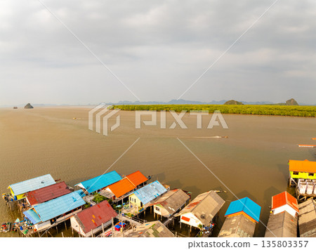Aerial view of Panyee island in Phang Nga Thailand,Wide angle landscape Floating village, Koh Panyee fishing village island in Phang Nga, Thailand 135803357